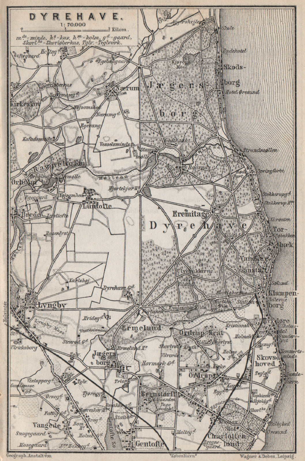 JAEGERSBORG DYREHAVE. Lyngby Naerum Skodsborg Ermelund. Denmark kort 1886 map